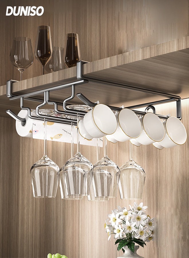 DUNISO Hanging Cup Rack Metal Wall Mounted Wine Cup Rack Stainless Steel Hanging Cup Holder Under Cabinet Multifunctional Kitchen Utensil Storage Rack for Displaying Goblet, Mugs, Coffee Cups and Kitchen Utensils - Image 1