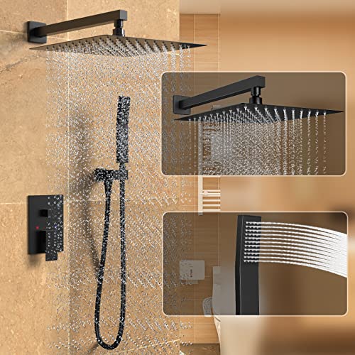 Dlvsoby Rain Shower System 12 Inches Shower Head with Handheld Combo Set for Bathroom,High Pressure Rainfall Shower Faucet Set Wall Mounted,Rough-in Valve and Trim Kit(Matte Black) - Image 2