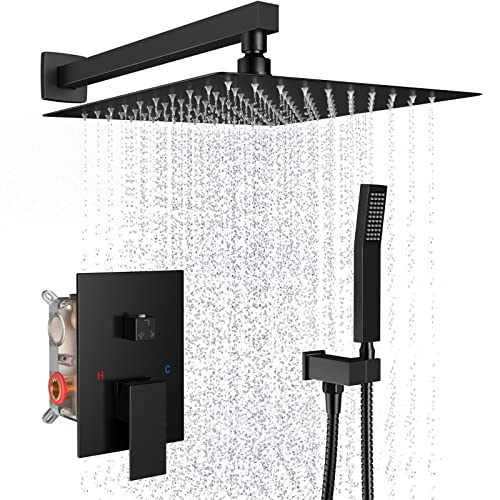 Dlvsoby Rain Shower System 12 Inches Shower Head with Handheld Combo Set for Bathroom,High Pressure Rainfall Shower Faucet Set Wall Mounted,Rough-in Valve and Trim Kit(Matte Black) - Image 1