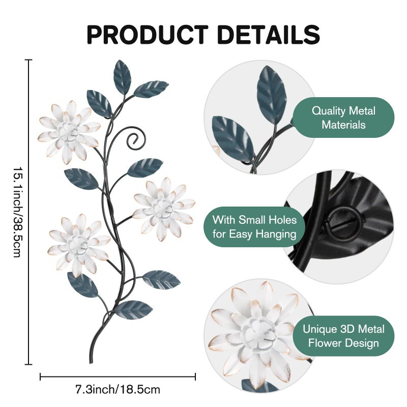 KHJCXS 2 Pieces Metal Flower Leaf Wall Art, 15.1"Ã—7.3" Modern Rustic Iron Artwork Hanging Decor for Home Bedroom Living Room Dining Room Kitchen Hallway Office (White) - Image 2