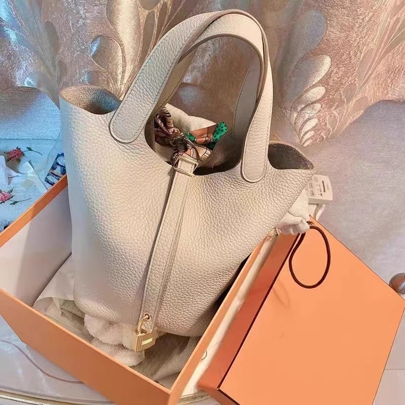 Bag Top Layer Cowhide Bucket Bag Vegetable Basket Bag Genuine Leather Handbag High-End Handbag - Image 3