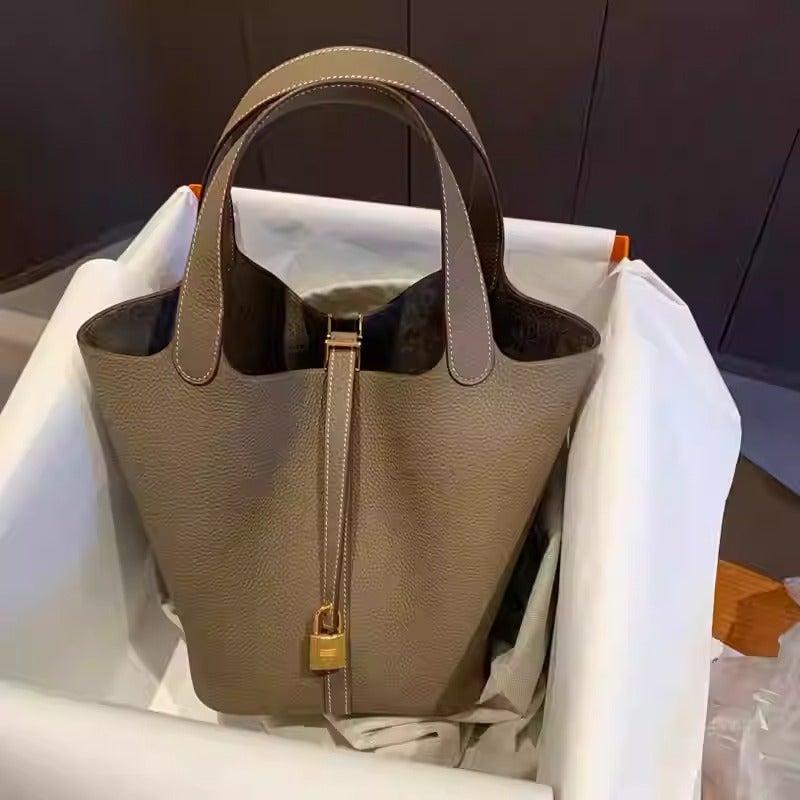 Bag Top Layer Cowhide Bucket Bag Vegetable Basket Bag Genuine Leather Handbag High-End Handbag - Image 2