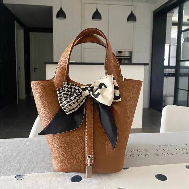 Bag Top Layer Cowhide Bucket Bag Vegetable Basket Bag Genuine Leather Handbag High-End Handbag - Image 4