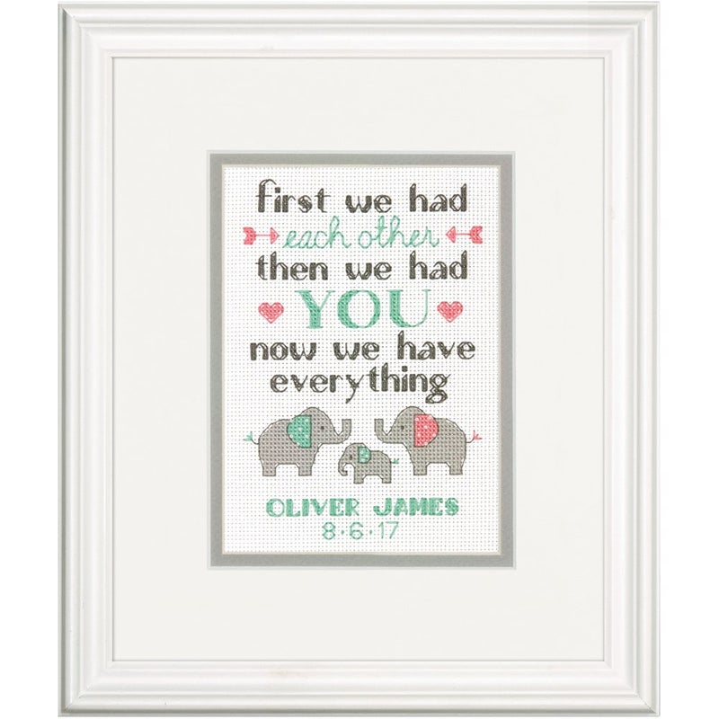 Dimensions Counted Cross Stitch Kit Baby Elephant Birth Record Personalized 14 Count Ivory Aida 7 x 5