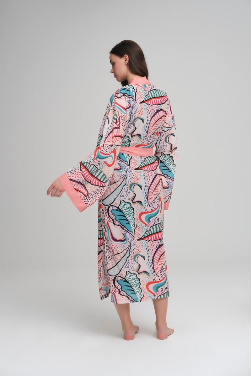 Haşema Colorful Leaf Patterned Powder Long Kimono - Image 2