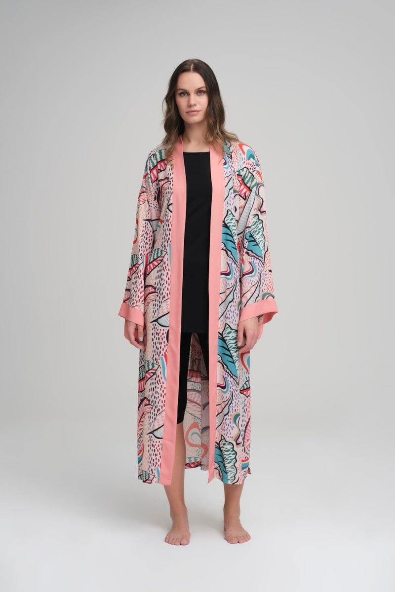 Haşema Colorful Leaf Patterned Powder Long Kimono - Image 3