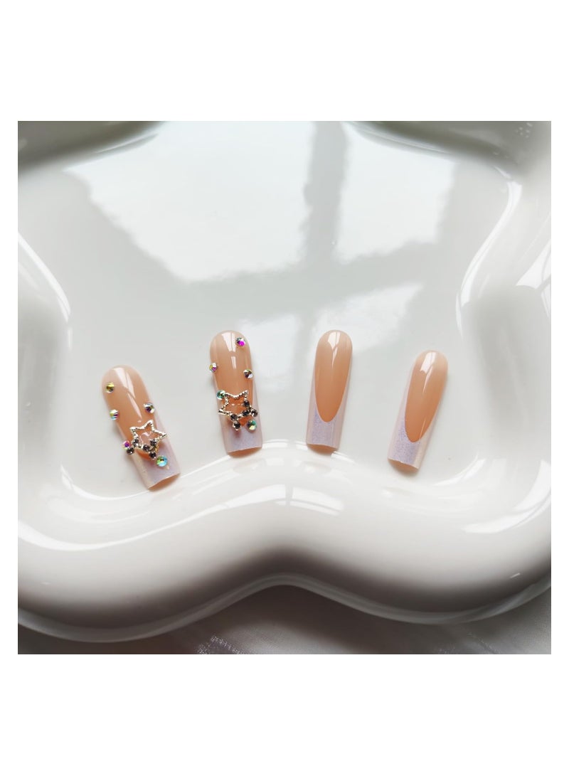 سيوسي 24 قطعة من الأظافر الفرنسية، اضغط على الأظافر الطويلة المربعة، أظافر صناعية بيضاء، أطراف أظافر أكريليك، أظافر صناعية من حجر الراين مع تصميم نجمة، غطاء كامل، أظافر صناعية، عصا صمغ وردية لامعة على الأظا - Image 3