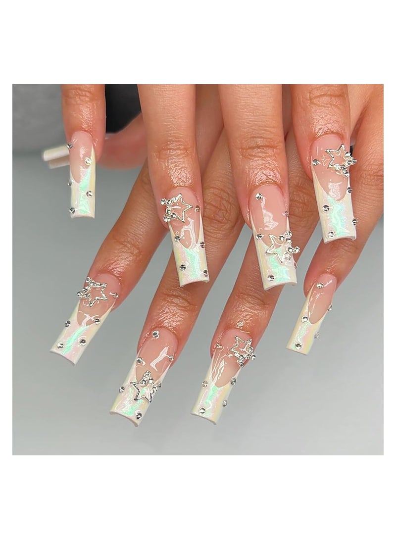 سيوسي 24 قطعة من الأظافر الفرنسية، اضغط على الأظافر الطويلة المربعة، أظافر صناعية بيضاء، أطراف أظافر أكريليك، أظافر صناعية من حجر الراين مع تصميم نجمة، غطاء كامل، أظافر صناعية، عصا صمغ وردية لامعة على الأظا - Image 4