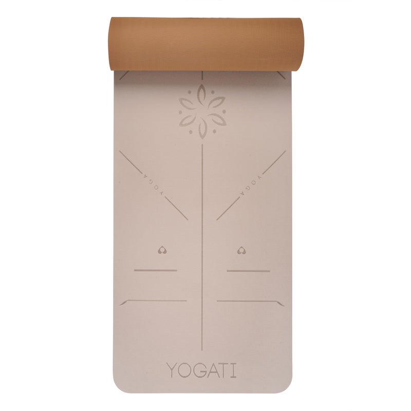 YOGATI حصيرة يوجا YOGATIÂ® غير قابلة للانزلاق مع خطوط محاذاة. حصيرة تمارين منزلية للنساء والرجال والأطفال. حصائر يوجا سميكة مع حزام للبيلاتس واللياقة البدنية. حصيرة يوجا بنية وبيج. - Image 2