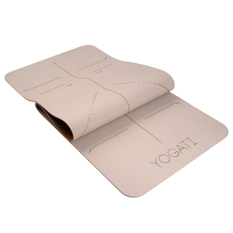 YOGATI حصيرة يوجا YOGATIÂ® غير قابلة للانزلاق مع خطوط محاذاة. حصيرة تمارين منزلية للنساء والرجال والأطفال. حصائر يوجا سميكة مع حزام للبيلاتس واللياقة البدنية. حصيرة يوجا بنية وبيج. - Image 4