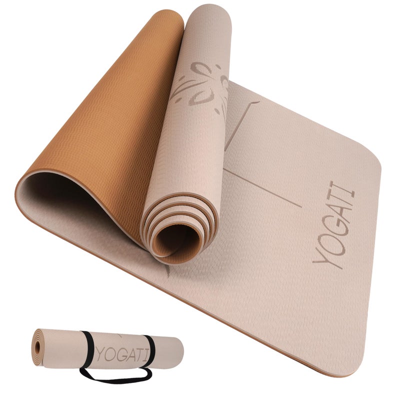 YOGATI حصيرة يوجا YOGATIÂ® غير قابلة للانزلاق مع خطوط محاذاة. حصيرة تمارين منزلية للنساء والرجال والأطفال. حصائر يوجا سميكة مع حزام للبيلاتس واللياقة البدنية. حصيرة يوجا بنية وبيج. - Image 1
