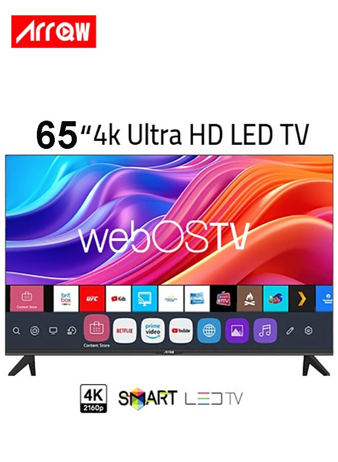 آركيو تلفزيون 65 بوصة 4K ذكي LED مع حامل حائط | 4K الترا اتش دي | منافذ HDMI وUSB | نظام التلفاز ويب او اس 2.0 | صوت ستيريو| دقة 3840×2160|ذاكرة قراءة فقط 8 جيجا | اللون اسود | تلفزيون سمارت | - Image 1