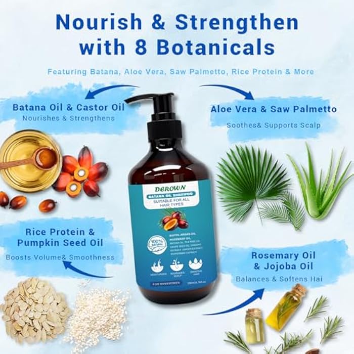 DEROWN Batana Oil Shampoo & Conditioner Set - 3 Pack for Damaged & Dry Hair Repair with Tropical Batana Oil & Keratin - Sulfate Free, Paraben Free, Vegan - 200ml Each - Image 4