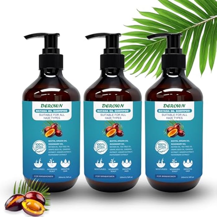 DEROWN Batana Oil Shampoo & Conditioner Set - 3 Pack for Damaged & Dry Hair Repair with Tropical Batana Oil & Keratin - Sulfate Free, Paraben Free, Vegan - 200ml Each - Image 1