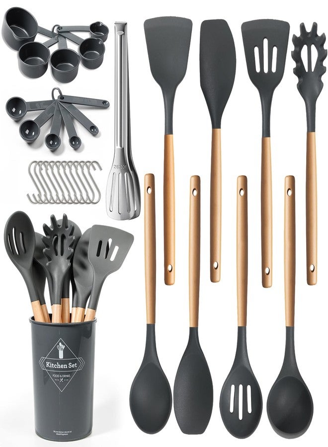 77L Silicone Cooking Utensils Set with Holder 32 PCS, Non-Stick Kitchen Cooking Utensils Set, Spatula, Turner, Tongs, Spatula, Spoon, Wooden Handle Kitchen Gadgets Utensil Set, Dishwasher Safe - Image 1