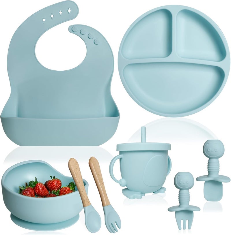 QLECT BPA Free Silicone Baby Feeding Set,Baby Led Weaning Supplies,Eating Essentials Utensils with Suction Plate & Bowl,Pocket Bib,Sippy Cup with Lid,Forks Spoons for Baby&Toddler 6+ Months,Blue - Image 1