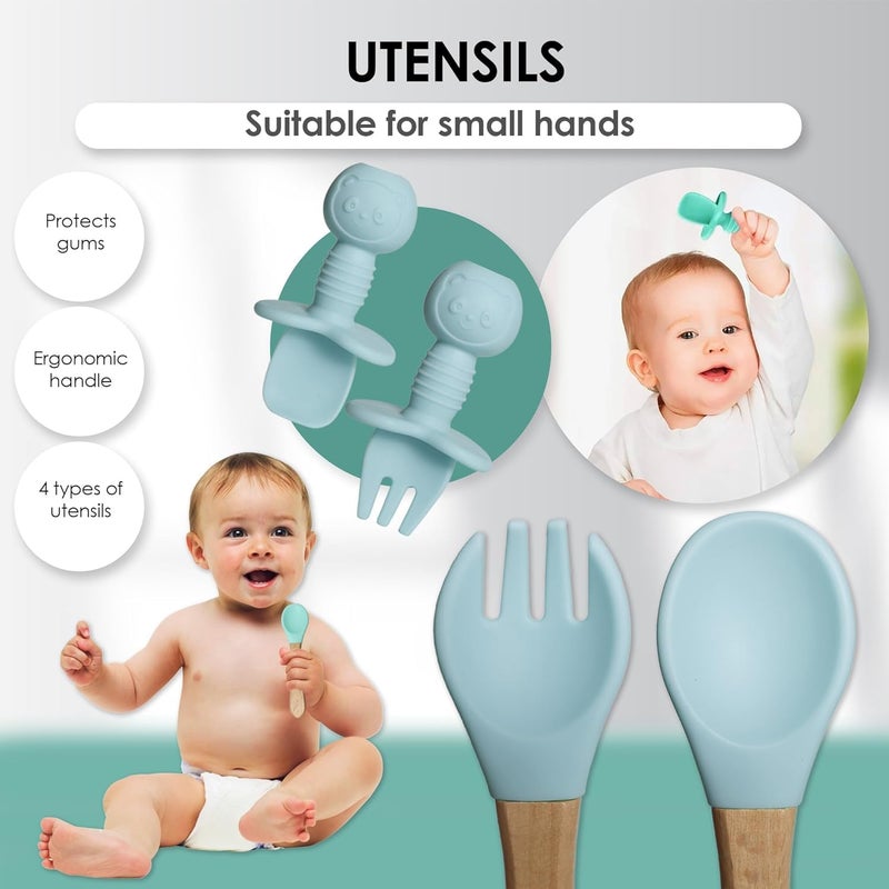 QLECT BPA Free Silicone Baby Feeding Set,Baby Led Weaning Supplies,Eating Essentials Utensils with Suction Plate & Bowl,Pocket Bib,Sippy Cup with Lid,Forks Spoons for Baby&Toddler 6+ Months,Blue - Image 4