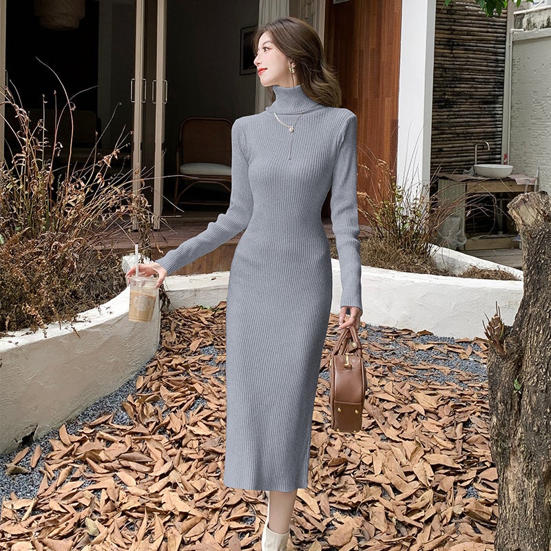 2024 New Cross-border Polo/turtle Neck Sweater Dress Womens Long Dress Over Coat Medium-length Base Layer Hip Black - Image 2