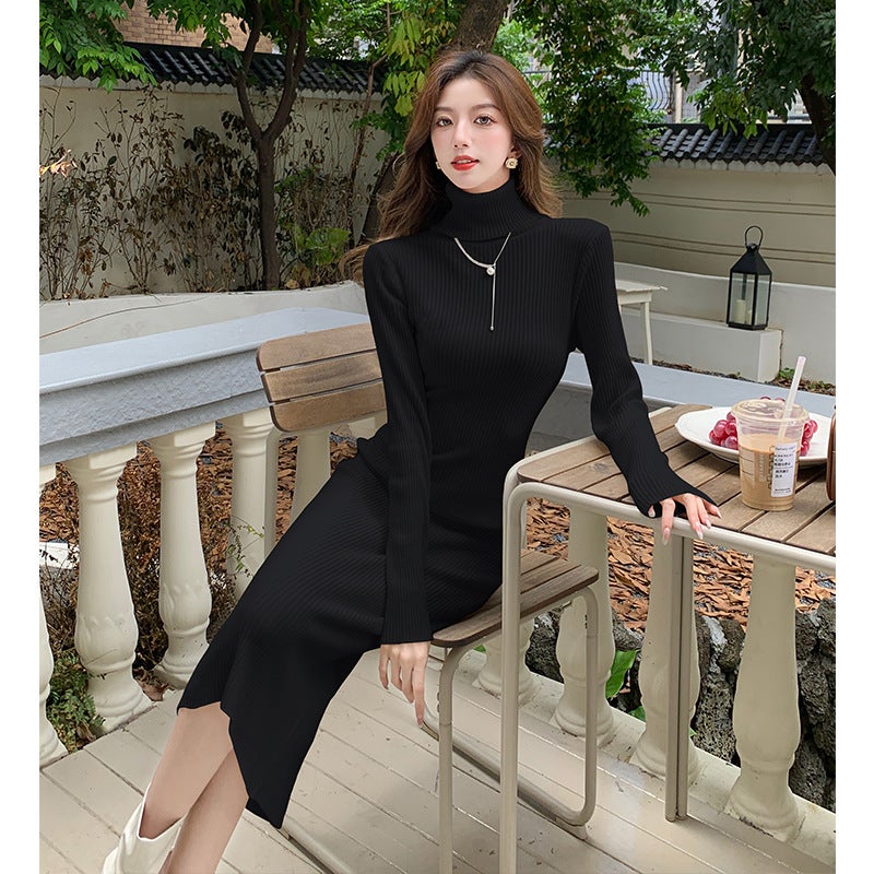 2024 New Cross-border Polo/turtle Neck Sweater Dress Womens Long Dress Over Coat Medium-length Base Layer Hip Black - Image 1
