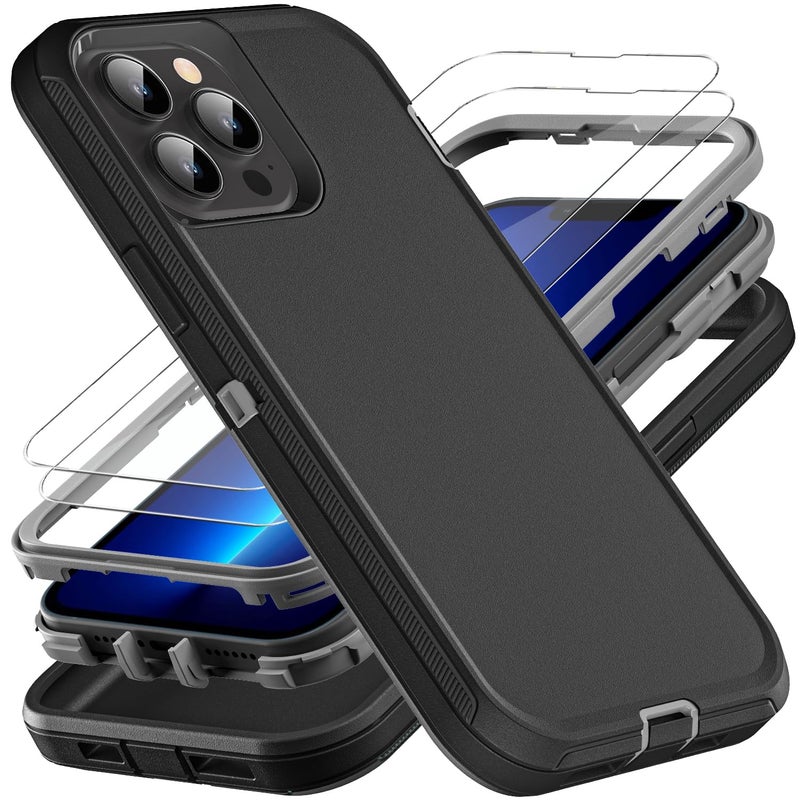 YKHJKLEC for iPhone 13 Pro Max Case Military Grade 3 in 1 Heavy Duty ShockproofDrop ProofDust Proof Case with 2Pcs Tempered Glass Screen Protector BlackGrey - Image 3