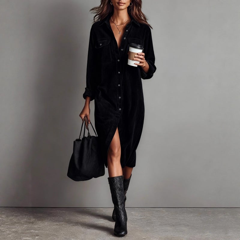 Women's Corduroy Long Sleeve Shirt Dress with Lapel Collar - Image 3