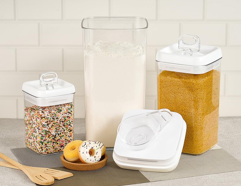 Felli Flip Tite Acrylic Food Storage Container with Lid 6â€ XL Air Tight Ring Seal Flip Top, Plastic Kitchen Baking Canister for 5 lb Flour Protein Powder Pantry Organizer (Nest-L, White) With Scoop - Image 3