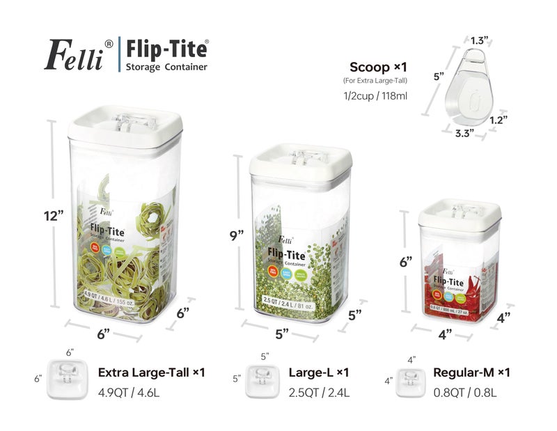 Felli Flip Tite Acrylic Food Storage Container with Lid 6â€ XL Air Tight Ring Seal Flip Top, Plastic Kitchen Baking Canister for 5 lb Flour Protein Powder Pantry Organizer (Nest-L, White) With Scoop - Image 5