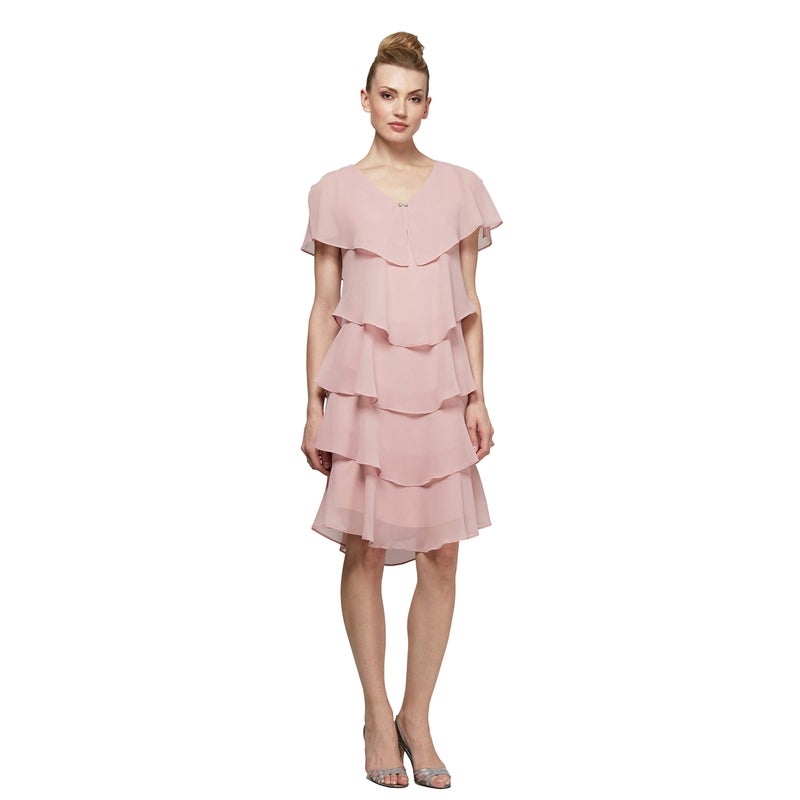 S.L. Fashions فستان كوكتيل شيفون قصير الأكمام من S.L. Fashions للنساء، فستان ضيف زفاف (مقاسات صغيرة وعادية)، وردي باهت، 18 - Image 2