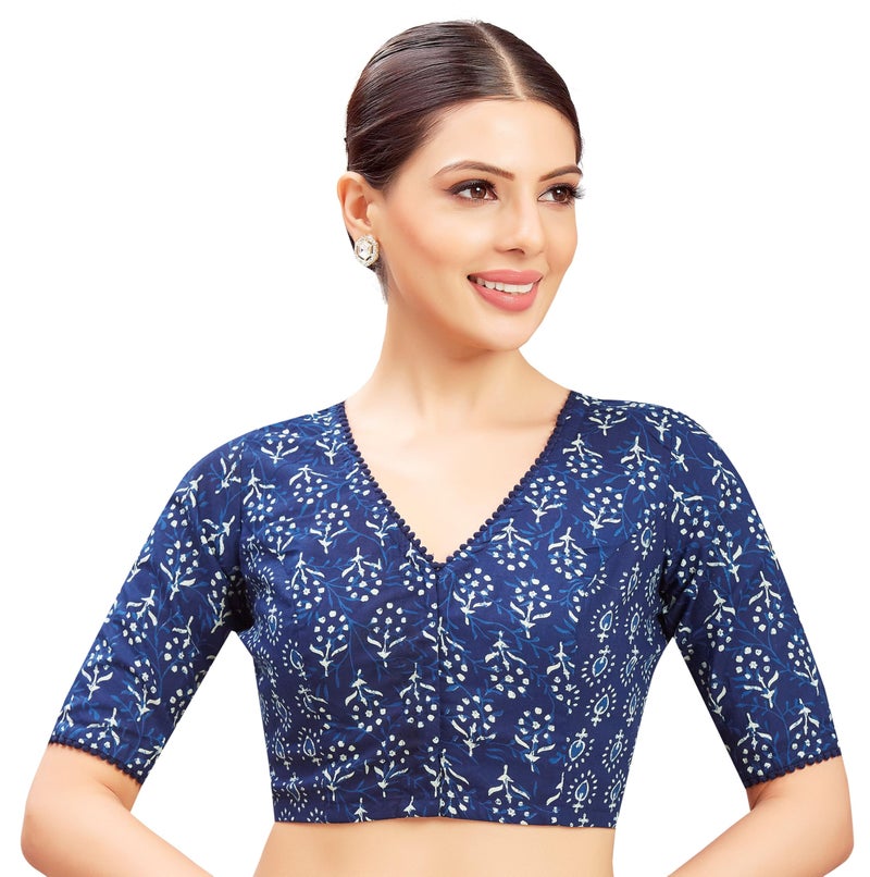 Studio Shringaar Women's Indigo Blue Cotton Block Printed V Neck Elbow Length Sleeves Saree Blouse (Indigo Blue, 36) - Image 1
