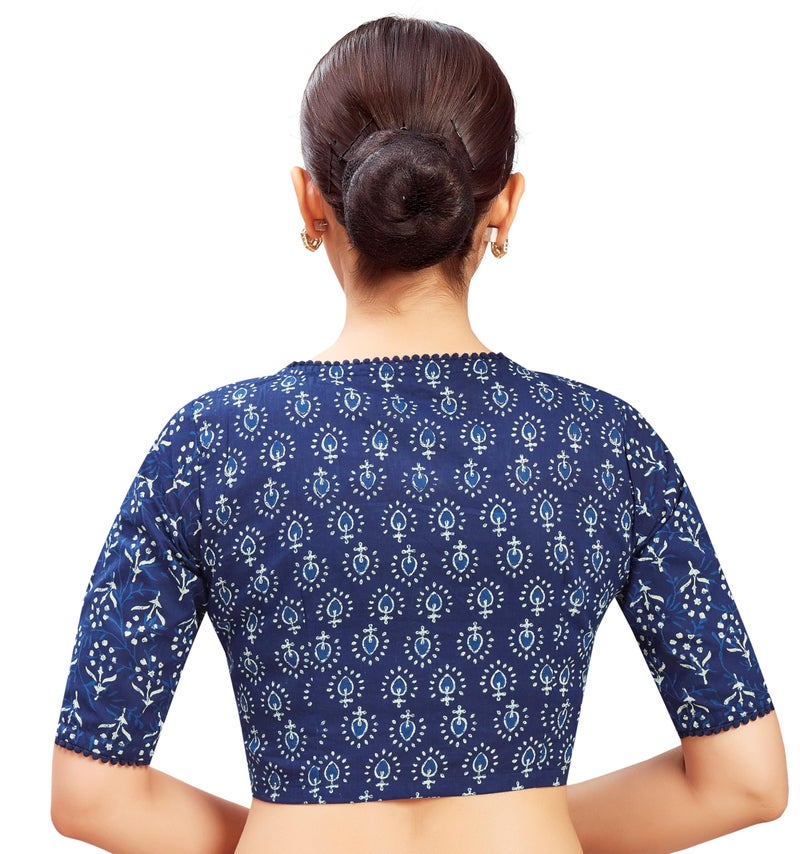 Studio Shringaar Women's Indigo Blue Cotton Block Printed V Neck Elbow Length Sleeves Saree Blouse (Indigo Blue, 36) - Image 2