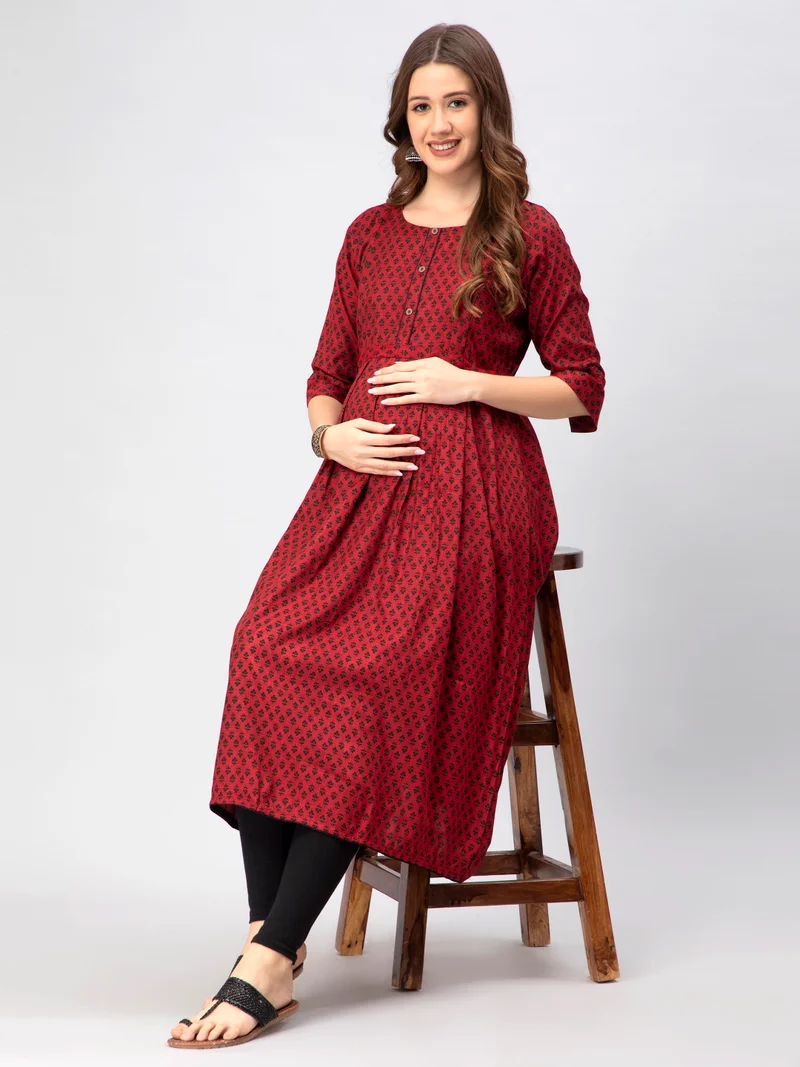 CEE 18 Women's Cotton Rayon A-Line Maternity Feeding Kurti with Zippers