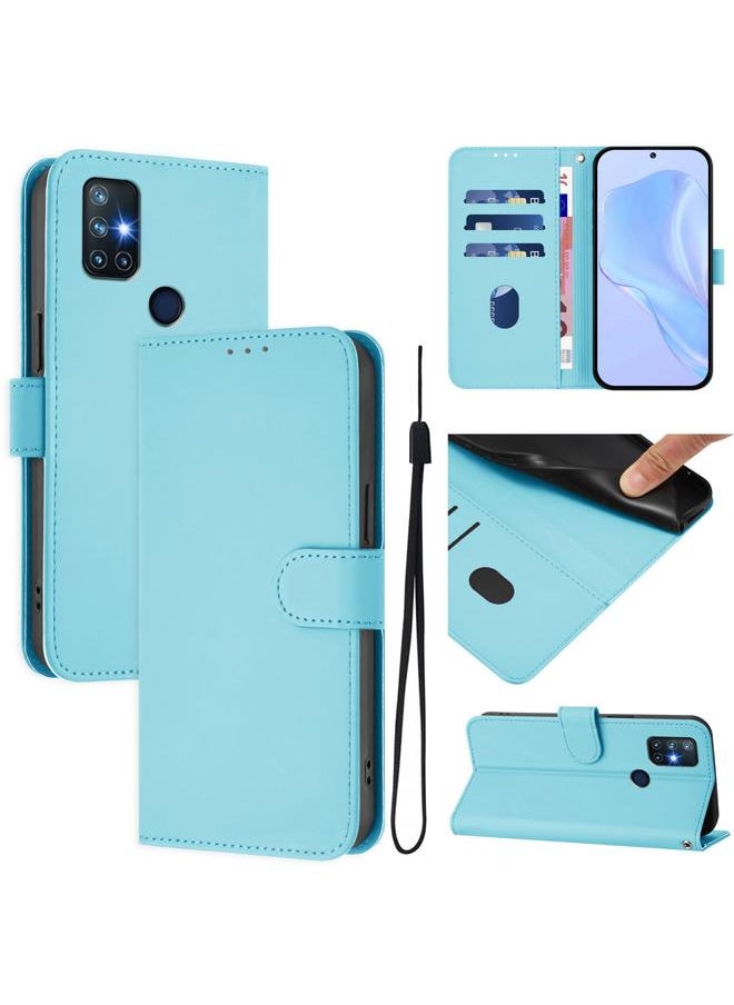 Zaboon - For OnePlus Nord N10 5G Skin Feel Solid Color Leather Phone Case with Lanyard(Sky Blue) - Image 1