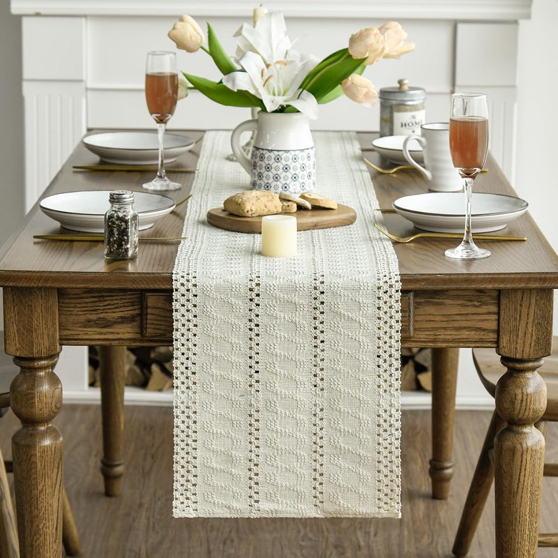Beige Farmhouse Woven Rustic Hollow Table Runner 12x72 Inch - Image 2