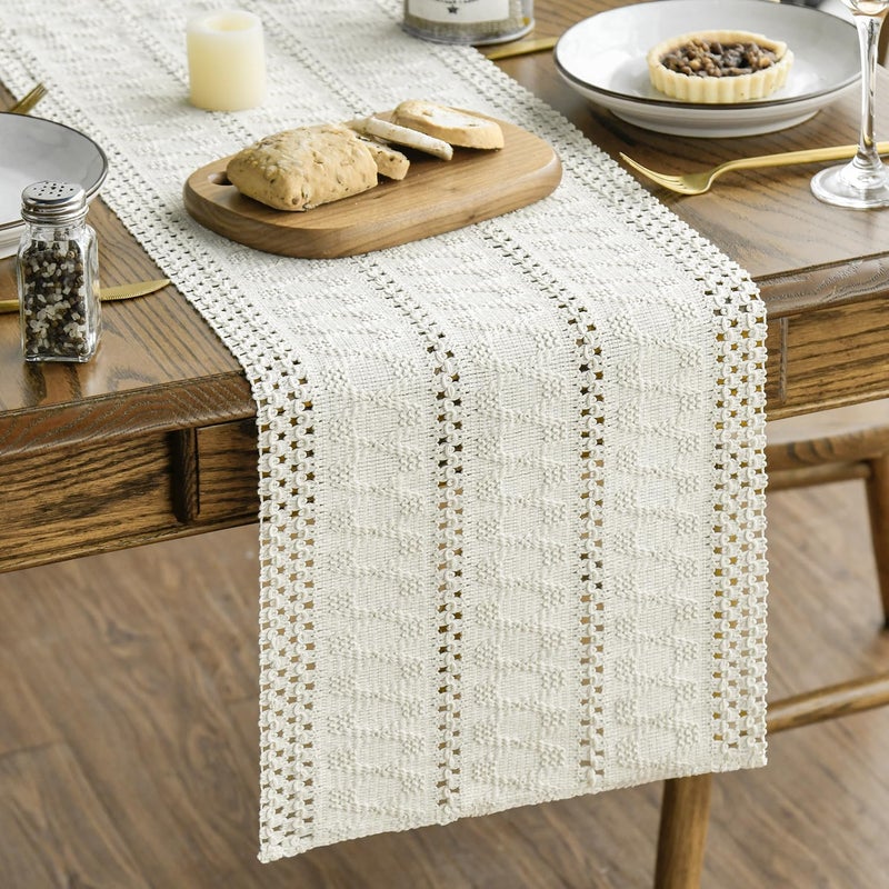 Beige Farmhouse Woven Rustic Hollow Table Runner 12x72 Inch - Image 1