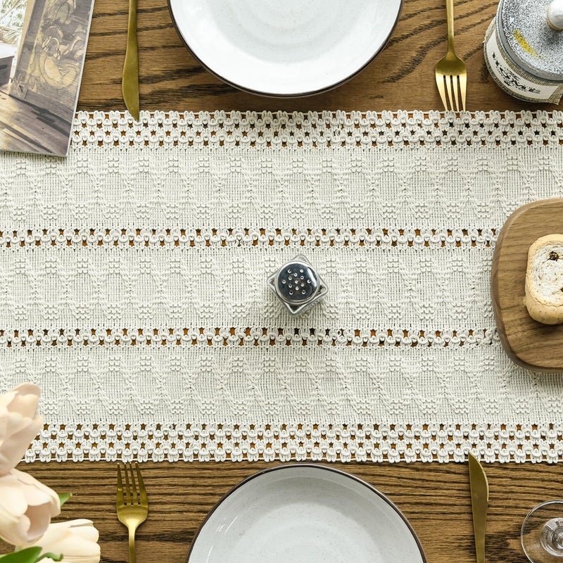 Beige Farmhouse Woven Rustic Hollow Table Runner 12x72 Inch - Image 3