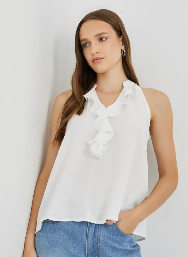 تايك تو Take Two Solid Sleeveless Ruffle Detail Top