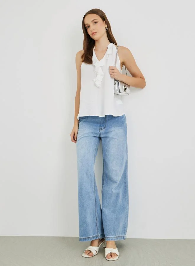 تايك تو Take Two Solid Sleeveless Ruffle Detail Top