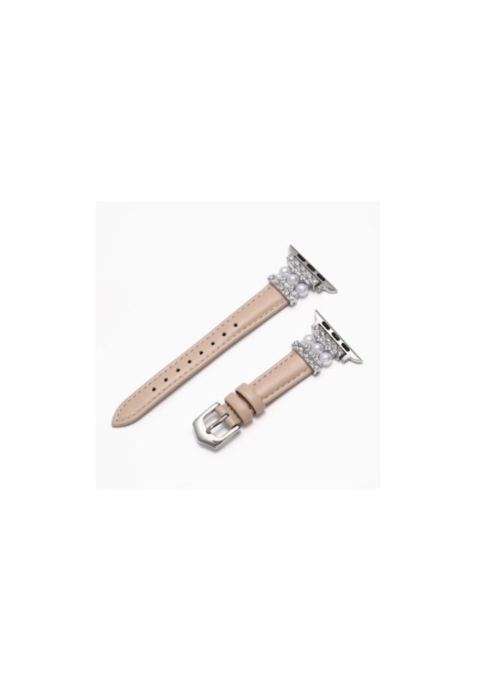 Generic - luxury diamond pearl leather suitable for Apple watch strap - Beige - Image 1