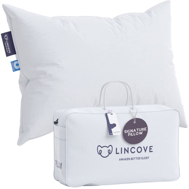 Lincove Lincove Signature 100 Natural Canadian White Down Pillow  Luxury Sleeping Pillow for Back Stomach  Side Sleepers  800 Fill Power Bed Pillow 500 Thread Count Made in Canada King  Firm 1 Pack 