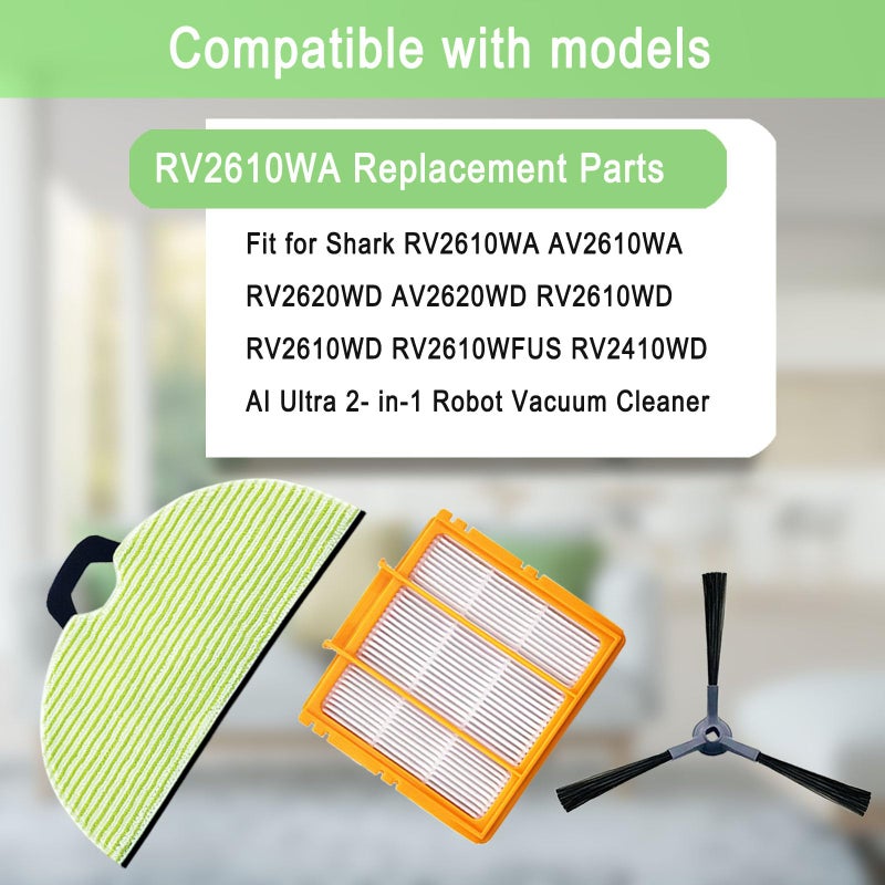 MalhSlix RV2610WA Replacement Parts Compatible with Shark RRV2610WA AV2610WA RV2620WD AV2620WD RV2610WD RV2610WD RV2610WFUS RV2410WD AI Ultra 2- in-1 Robot Vacuum, 4 Mop Pads, 3 Filters, 6 Side Brush - Image 2