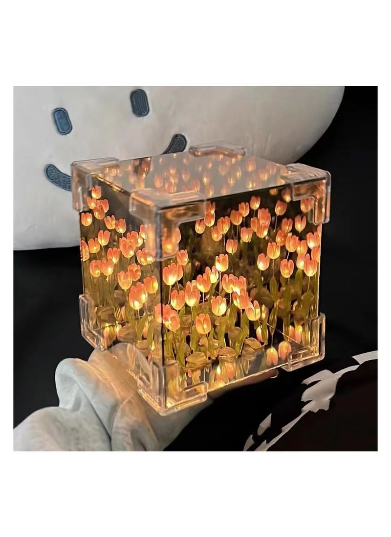 Generic - DIY Tulip Cube Mirror Lamp, 20 Flowers LED Decorative Lamp, 2 in 1 Mirror & Table Ornaments for Bedroom Livingroom Desktop Decor Birthday Gift - Image 1