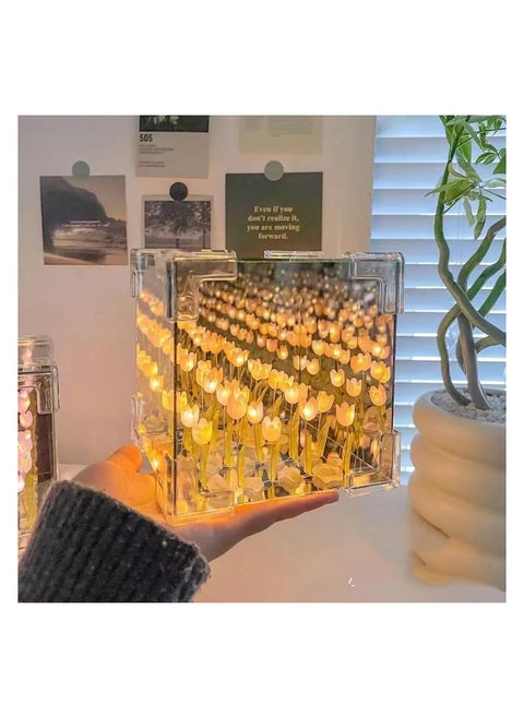 DIY Tulip Cube Mirror Lamp, 20 Flowers LED Decorative Lamp, 2 in 1 Mirror & Table Ornaments for Bedroom Livingroom Desktop Decor Birthday Gift
