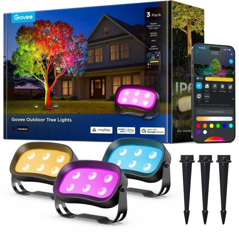 Govee Outdoor Tree Lights 3-Pack, RGBWIC LED Landscape Lighting, Outdoor Lights for Yard Garden Patio, 66 Scene Modes for Holiday Party and Event, App Control, Google Assistant, Matter - Image 1