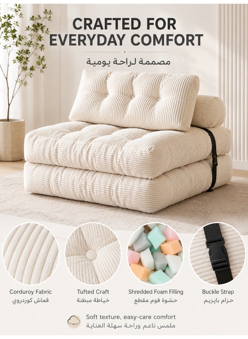 Three sheep Single-size convertible sofa bed – a foldable sofa bed with pillows, a foldable mattress, and a backrest, perfect for family use as a floor lounger (off-white). - Image 4