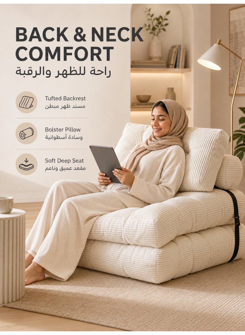 Three sheep Single-size convertible sofa bed – a foldable sofa bed with pillows, a foldable mattress, and a backrest, perfect for family use as a floor lounger (off-white). - Image 3