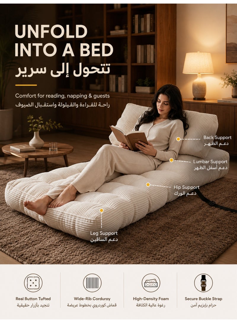 Three sheep Single-size convertible sofa bed – a foldable sofa bed with pillows, a foldable mattress, and a backrest, perfect for family use as a floor lounger (off-white). - Image 2