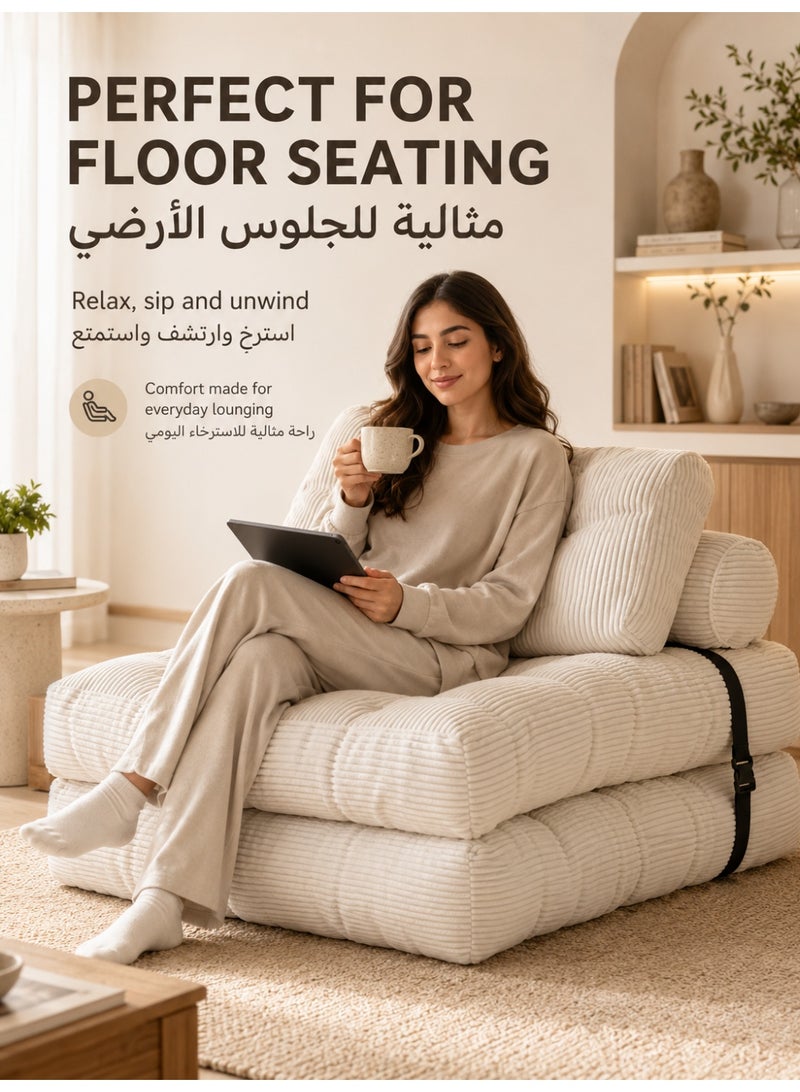 Three sheep Single-size convertible sofa bed – a foldable sofa bed with pillows, a foldable mattress, and a backrest, perfect for family use as a floor lounger (off-white). - Image 5