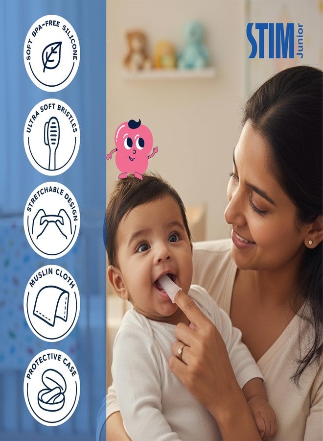STIM Junior Infant Kit | BPA Free Soft Silicone Finger Brush | 0 to 12 Months | Gentle Baby Tooth Brush & Tongue Cleaner | Protective Case | Muslin Cloth | Safe & Baby Friendly | For Massaging & Cleaning Gums (Pink) - Image 3
