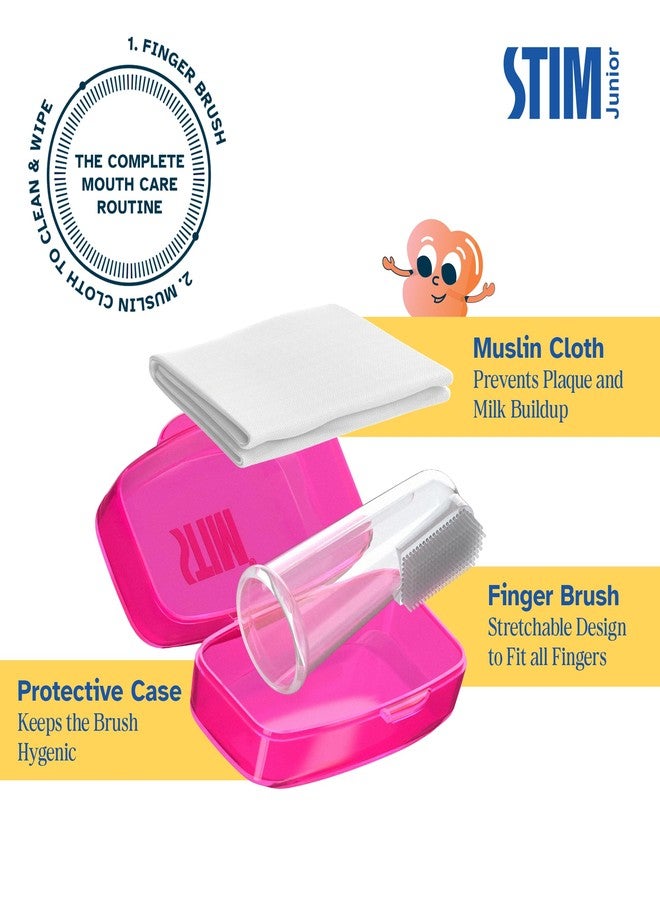 STIM Junior Infant Kit | BPA Free Soft Silicone Finger Brush | 0 to 12 Months | Gentle Baby Tooth Brush & Tongue Cleaner | Protective Case | Muslin Cloth | Safe & Baby Friendly | For Massaging & Cleaning Gums (Pink) - Image 2