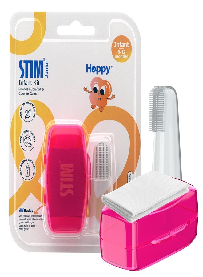 STIM Junior Infant Kit | BPA Free Soft Silicone Finger Brush | 0 to 12 Months | Gentle Baby Tooth Brush & Tongue Cleaner | Protective Case | Muslin Cloth | Safe & Baby Friendly | For Massaging & Cleaning Gums (Pink) - Image 1